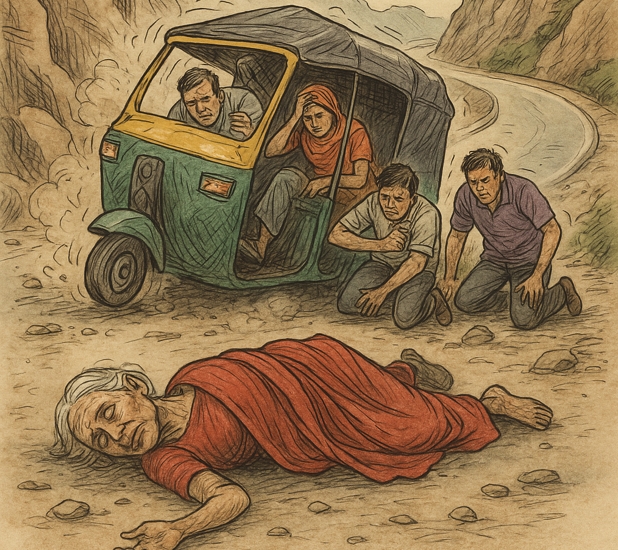 An old woman died and several others were injured when an auto overturned on a hilly road in Thana Anpara area
